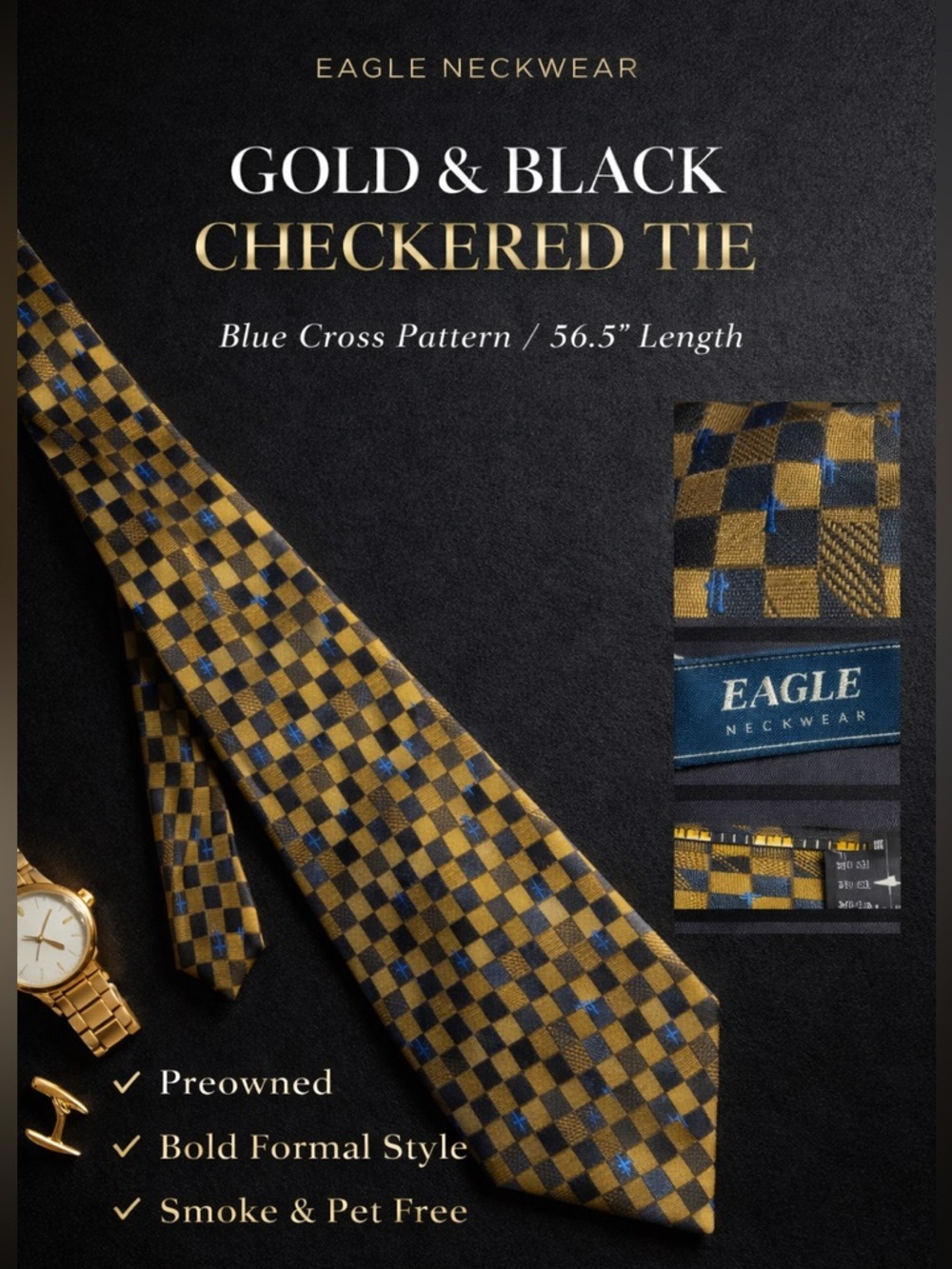 EAGLE Neckwear Gold & Black Checkered Tie Blue Cross Pattern